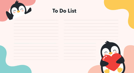 Functional to-do list template with cute penguin illustrations and pastel colored shapes for organizing daily tasks and goals.
