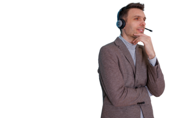 Call center agent consulting, providing thoughtful customer support and service, having a clear transparent background