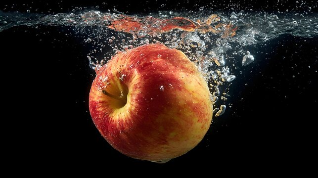 High-quality stock photo of an apple falling into water. Concept: Freshness and purity, healthy food, motion and impact, creativity and advertising visuals, nature and simplicity, clean design, refres