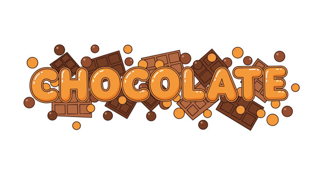 Bold and playful typography of the word chocolate surrounded by various chocolate bars, round candies, and melting cocoa drops in warm colors.