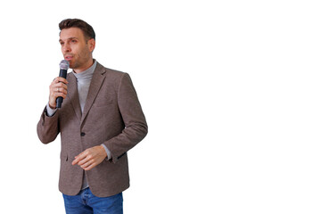 Man speaker holding microphone delivering impactful presentation or speech on transparent background