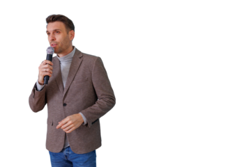 Man speaker holding microphone delivering impactful presentation or speech on transparent background