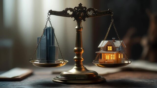 Scales balance a miniature city skyline against a lit house to convey property value and housing market tradeoffs. A vintage brass scale sits on a desk with blurred documents and warm window light evo
