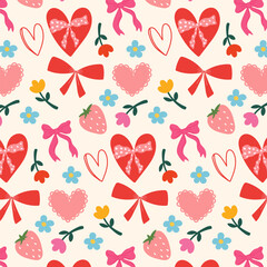 A cute seamless pattern with illustrations of a heart, flower, strawberry, and bow. A lovely Valentine's Day background. A romantic design for wrapping paper or fabric.