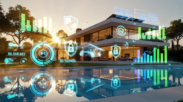 Luxury smart home at sunrise with infinity pool and holographic energy data overlays in modern suburban landscape cinematic motion