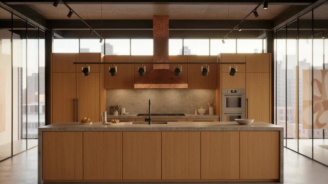 Modern kitchen island anchors a loft with floor-to-ceiling glass and city views. Warm wood cabinetry and a copper range hood contrast with neutral stone countertops. Track lighting and minimalist appl