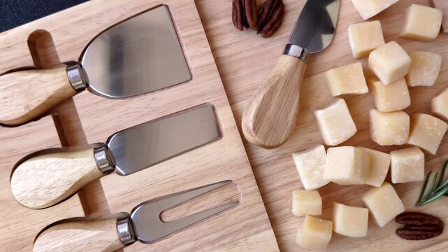 Cubed cheddar, gouda, or parmesan cheese on a cutting board. Cubed cheese as a food background for your design