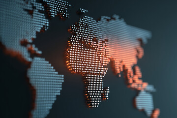 A visual representation of a world map featuring a unique dot design, highlighted with glowing lights. This abstract artwork captures the essence of global connectivity and data exchange