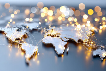 A world map created from thin lines, illuminated by soft bokeh lights, symbolizes global connections and communication across continents. The abstract design evokes a sense of unity and interaction