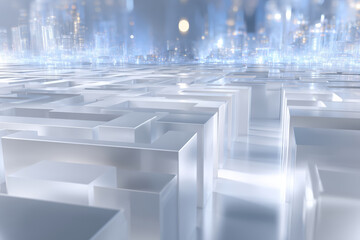 A digital maze features layered, transparent structures illuminated by soft light, symbolizing complexity and innovation in technology and AI. The scene evokes themes of navigation and strategy