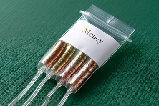 Coins of various metals resembling wealth are connected to an IV bag, symbolizing the infusion of money and critique of economic dependency within the capitalist system