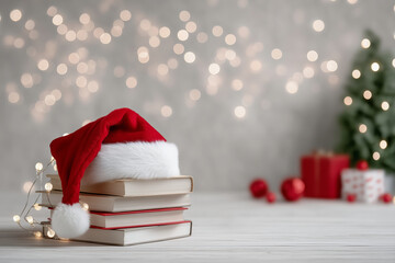 Cozy holiday books stacked with a Santa hat, perfect for winter reading and festive storytelling