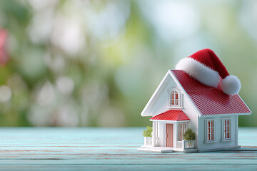 A charming house decorated with a Santa hat sits on a wooden surface. This cozy scene evokes feelings of holiday spirit and warmth, perfect for winter celebrations and family gatherings