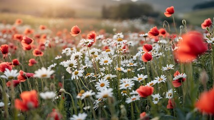 Vibrant Poppy and Daisy Field Bathed in Golden Sunlight - Summer Meadow