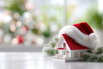 A charming house adorned with a Santa hat sits on a marble surface. Surrounding greenery enhances the cozy holiday spirit, while soft lights twinkle in the background