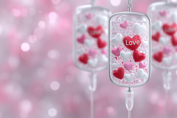 IV bags filled with heart-shaped candies in pink and white create a surreal scene that represents love and healing. This emotional portrayal evokes feelings of care and therapy