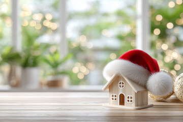 A charming wooden house wearing a Santa hat sits on a wooden table. The background features festive decorations and soft lighting, creating a warm holiday atmosphere perfect for winter celebrations