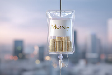 In a thought-provoking scene, an IV bag labeled Money hangs, filled with stacks of coins. This artwork comments on the relationship between healthcare costs and financial systems in a modern city