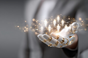 Hand of robotics showcases digital connection and human interaction in the future of technology