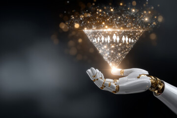 Robotic hand holding a glowing triangular network symbolizing human connection and digital interaction