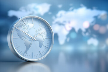 A clock showing world time symbolizes the urgency in supply chain logistics. It highlights the importance of timely delivery in global shipping and transport operations