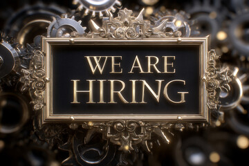 Job opportunity announcement with decorative frame and gears background for recruitment in various industries