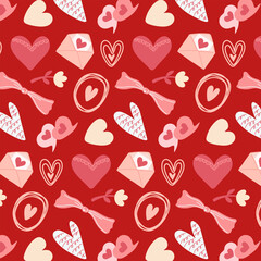 A red seamless pattern with various hearts, an envelope, a flower, and a bow. Doodle-style background, perfect for Valentine's Day, a wedding card, or romantic decorations.