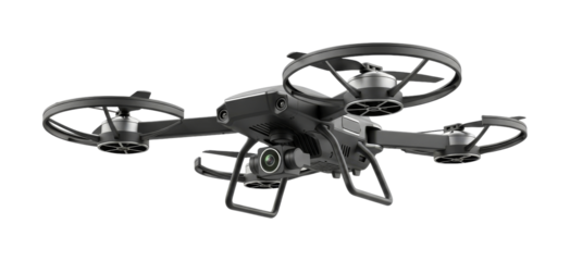 Modern black quadcopter drone with a high-resolution camera is ready for aerial photography and videography, capturing stunning perspectives.