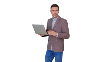 Young businessman holding a laptop, standing while thinking about digital strategy and global communication on transparent background