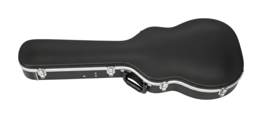 Black hard shell guitar case provides ultimate protection for musical instruments during travel or storage, ensuring safety and durability.