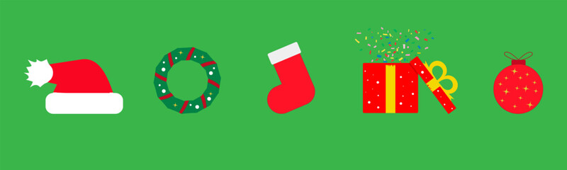 New Year Santa hat, holiday wreath, red sock, gift box with a bow, tree ball. Vector illustration