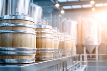 Obraz premium Modern industrial brewery features wooden barrels for aging fine beverages and stainless steel fermentation tanks
