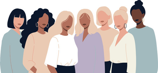 Diverse group of confident women standing together in a powerful minimalist flat design illustration promoting unity and empowerment