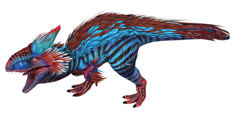 Vibrant feathered dinosaur in dynamic pose © Ilie