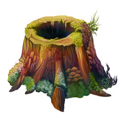 Fantasy illustration of a magical tree stump with plants and glowing details on dark background.