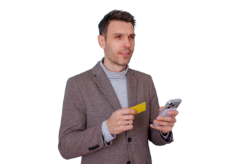 Man holding credit card and smartphone for online payment, e-commerce, and mobile banking on transparent background