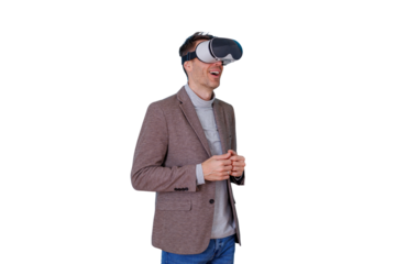 Man wearing virtual reality headset, experiencing immersive digital world, metaverse technology and innovative future