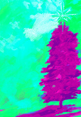 Christmas Tree w/Twinkling Shining Star of Bethlehem on Top- Digital Painting, Art, Illustration in Green, Teal, & Purple-Holiday, Celebration, Merry Christmas, Happy Holidays, Pine, Conifer,