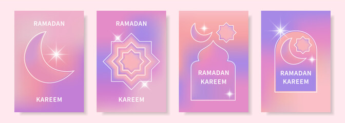 A selection of vibrant Ramadan Kareem greeting card templates featuring a crescent moon, star, and mosque on a gradient background for the Islamic holiday.