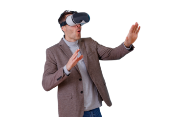 Man wearing vr headset, reacting with surprise to immersive virtual experience. Exploring innovation, future technology, and gaming