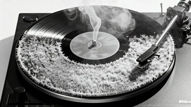 Turntable displays vinyl record partially covered in delicate frost that forms feathery crystals. Steam rises from the spindle while the tonearm rests nearby. Monochrome contrast emphasizes texture an