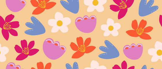 Seamless geometric floral pattern with colorful abstract flowers. Modern botanical design for fabric printing. Trendy spring illustration.