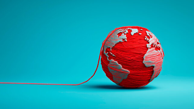 World map formed by a ball of red wool yarn with a loose strand on a blue background, concept of global connection and globalization