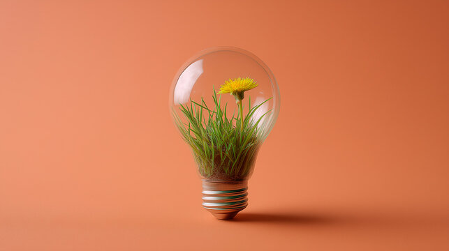 Glass light bulb filled with fresh green grass and a dandelion flower on an orange background, concept of green energy and environmental sustainability - Powered by Adobe