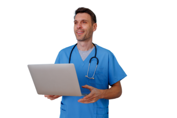 Male doctor in scrubs and stethoscope holding a laptop, providing telemedicine assistance and digital health services