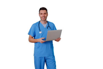 Male healthcare professional in blue scrubs and stethoscope smiling, holding a laptop. Transparent background