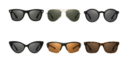 Six different pairs of stylish sunglasses displayed together, showcasing a diverse collection of fashionable eyewear for various tastes and occasions.