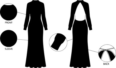 women knitted long sleeve high neck backless maxi dress flat sketch vector technical cad drawing template
