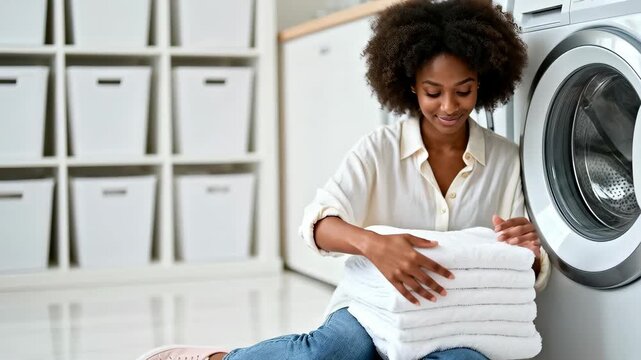 Woman folds towels while sitting on the floor next to a front-load washing machine. She holds a neat stack of white towels in a bright, organized laundry room with storage bins and clean minimalist de