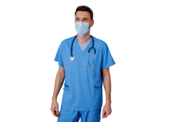Healthcare professional wearing blue scrubs, face mask, and stethoscope, standing on transparent background